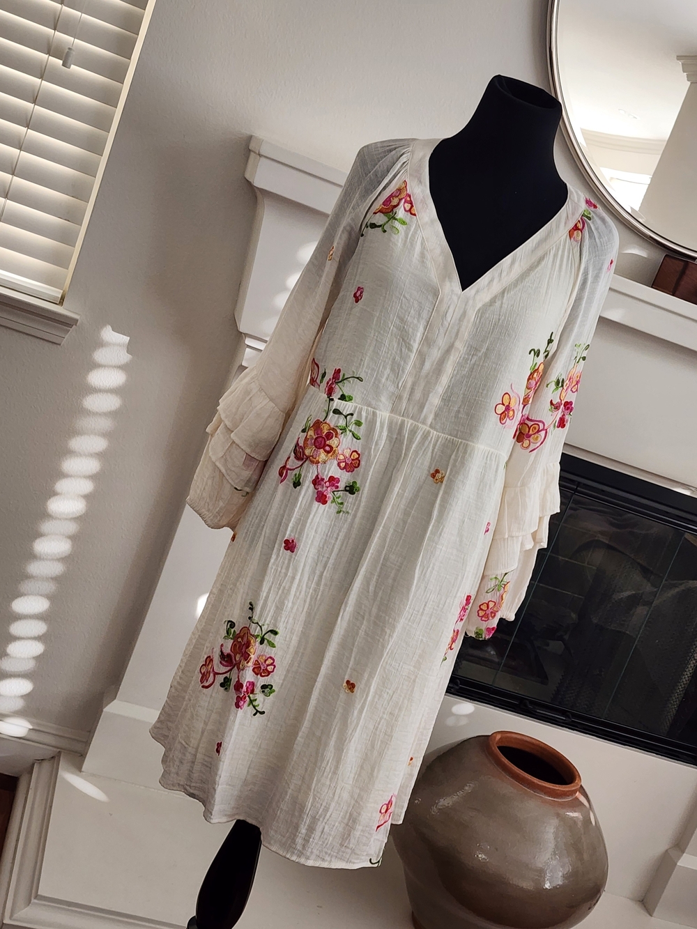 fig and flower Ivory Midi Dress with Pink & Green Floral Embroidery